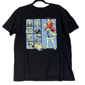 One Piece Straw Hat Group Grid T-Shirt Size Large Black With Front Graphic